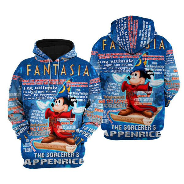 Mickey Fantasia Words Pattern Disney Fan Gift Stylist Unisex Cartoon Graphic Outfits Aop Hoodie, Zip Hoodie 2110