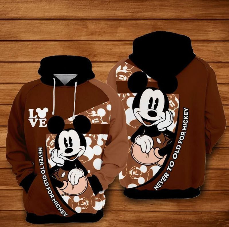 Never Too Old For Mickey Disney Over Print 3d Hoodie Zip Hoodie