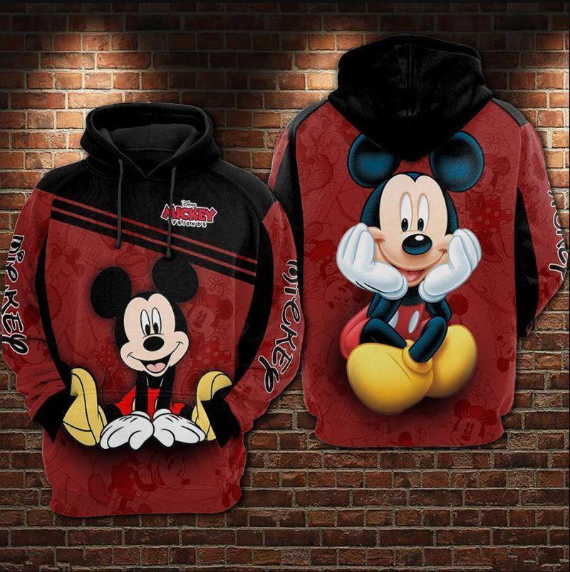 Disney Hoodie Cute Mickey Mouse Smiling Black Red 3d Hoodie Zip Hoodie