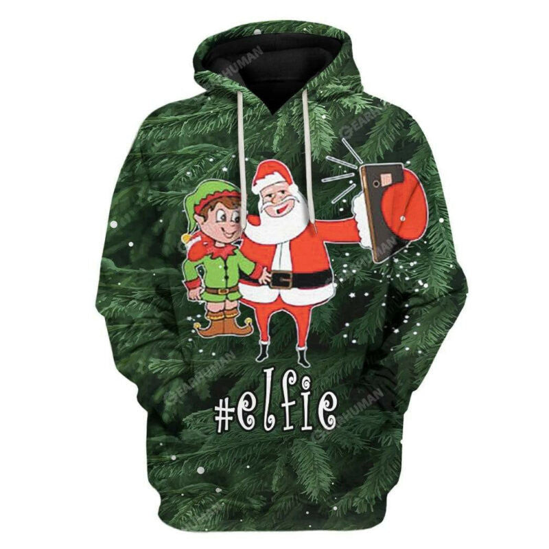 Christmas Elf Hoodie Elfie Taking Selfie With Santa Claus Green 3d Hoodie Zip Hoodie