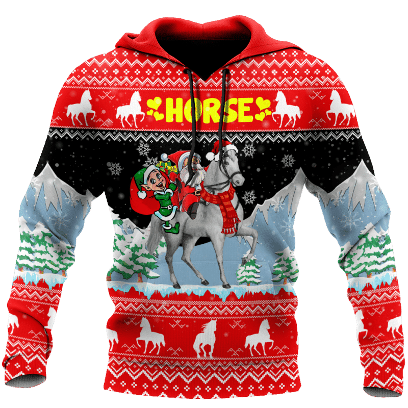 Horse Christmas Hoodie Santa Claus Elf Horse Christmas Red 3d Hoodie Zip Hoodie
