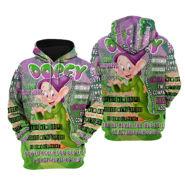 Dopey Dwarf Punk Words Pattern Disney Fan Gift Stylist Unisex Cartoon Graphic Outfits Aop Hoodie, Zip Hoodie 728