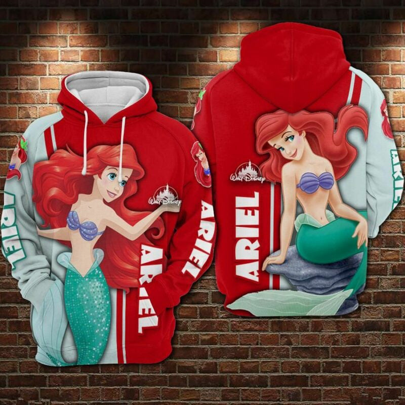 Disney Cartoon Ariel Over Print 3d Hoodie Zip Hoodie