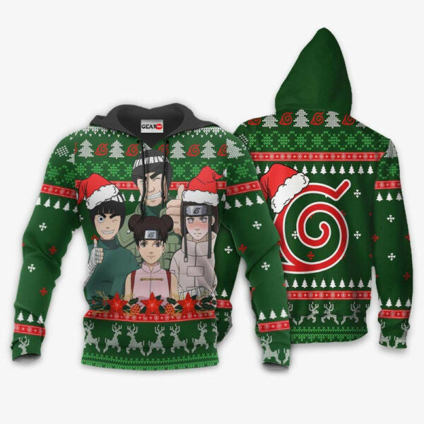 Konoha Team Guy Ugly Christmas Naruto Anime 1k413 Fan Gift Stylist Unisex Cartoon Graphic Outfits Aop 3d Hoodie, Zip Hoodie 1040