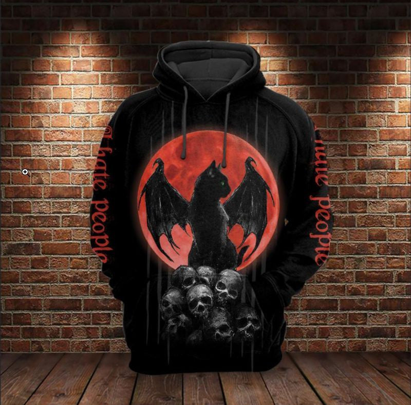 Cat &amp; Skull I Hate People Over Print 3d Hoodie Zip Hoodie