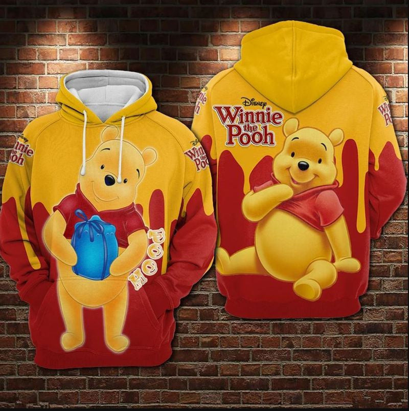 Winnie The Pooh Holding Honey Pot Red &amp; Yellow Over Print 3d Hoodie Zip Hoodie