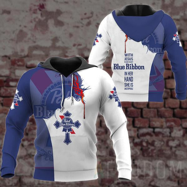 Pabst Blue Ribbon Lover Gift, With Jesus In Her Heart Pabst Blue Ribbon In Her Hand She Is Unstopable All Over Print Hoodie, Zip Hoodie 23