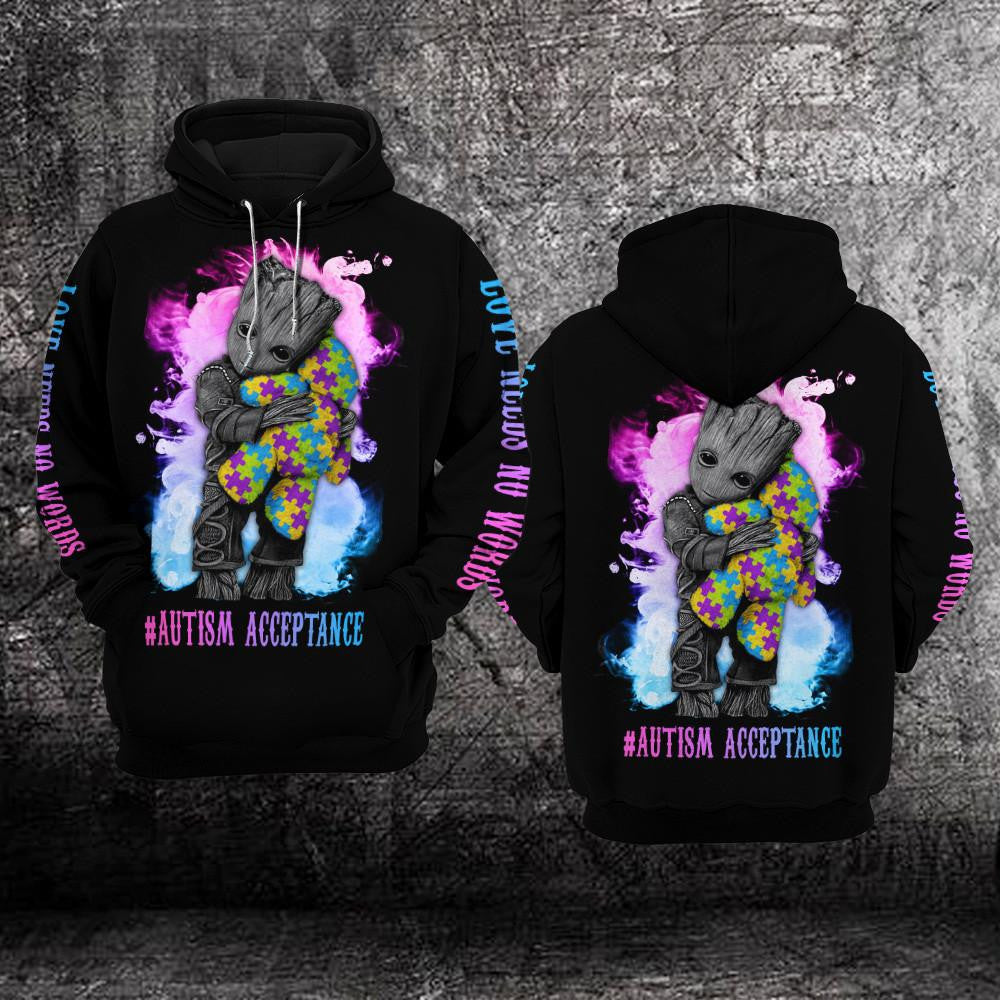 Autism Awareness Groot, Autism Acceptance, Love Needs No Words All Over Print Hoodie