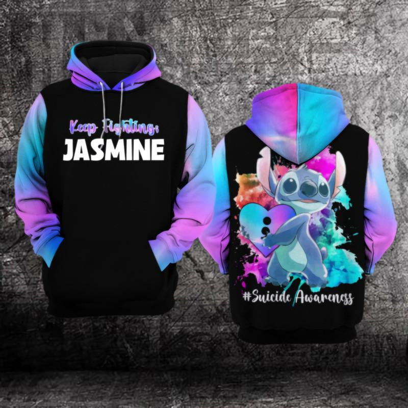 Custom Name Stitch Disney Suicide Awareness, Keep Fightings All Over Print Hoodie