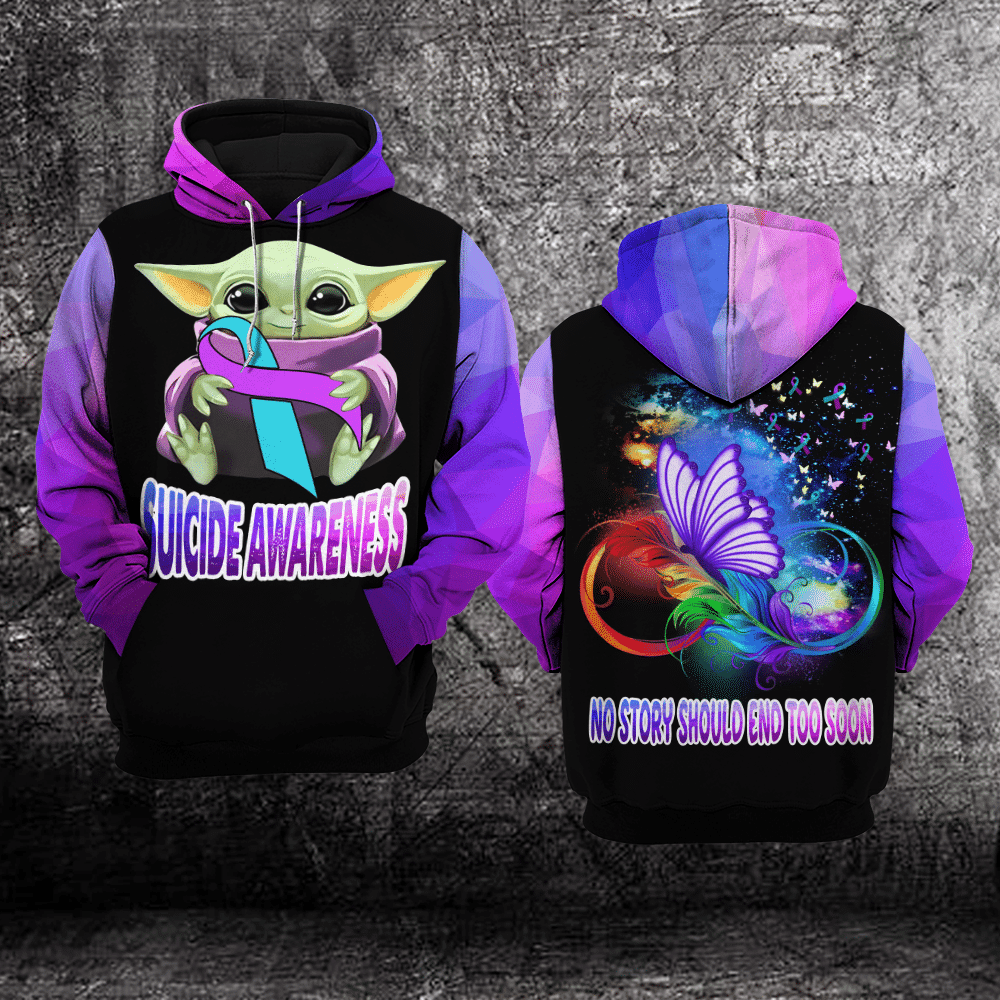 Suicide Awareness, Baby Yoda Suicide Awareness, No Story Should End Too Soon All Over Print Hoodie