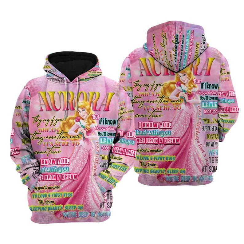 Disney Cartoon Aurora Princess, Sleeping Beauty Aurora Punk Words Pattern All Over Print Hoodie, Zip Hoodie