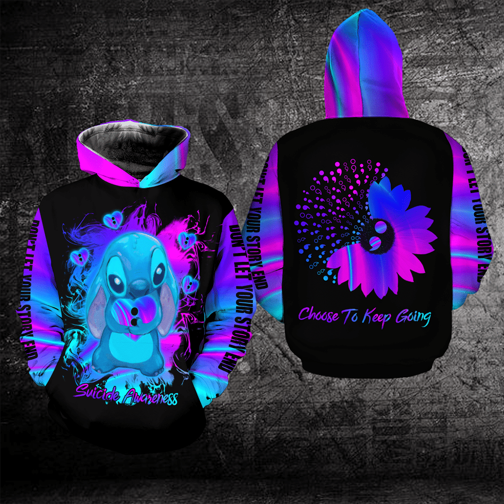 Suicide Awareness, Stitch Disney Choose To Keep Going, Dont Let Your Story End All Over Print Hoodie, Zip Hoodie