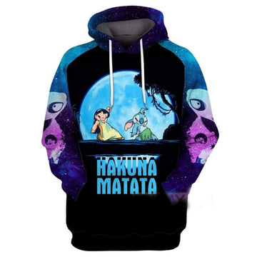 Stitch Disney Fan Gift, Stitch And Lilo Walking In The Moon Hakuna Matata All Over Print Hoodie