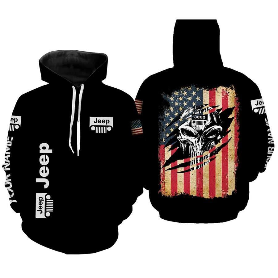 Custom Name Jeep Lover, Skull Jeep Usa Flag, Jeep Life All Over Print Hoodie, Zip Hoodie