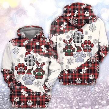 Christmas Tartan Dog Paw All Over Printed 3d Hoodie