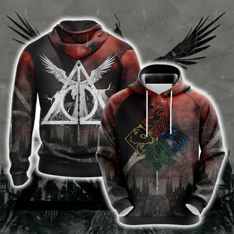 Harry Potter Death Hallows Hogwarts Houses Symbols 3d Hoodie Zip Hoodie