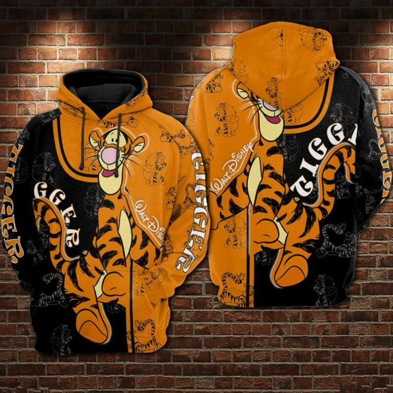 Tigger Cartoon Winnie The Pooh Walt Disney Over Print 3d Hoodie Zip Hoodie