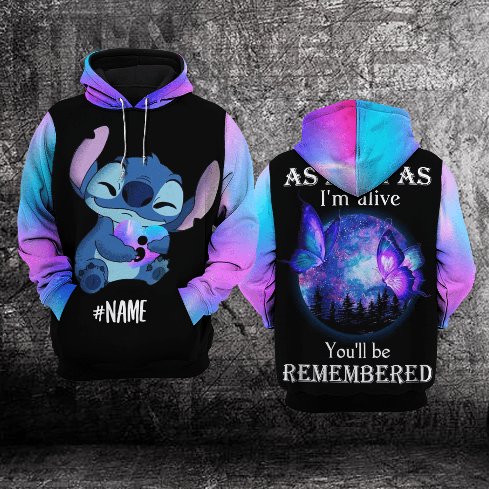 Custom Name Suicide Awareness, Stitch Disney Suicide Awareness, As Long As Im Alive You'll Be Remembered All Over Print Hoodie