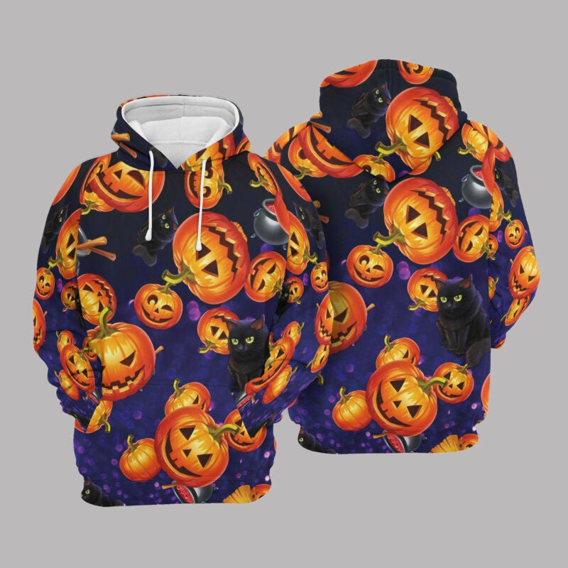 Halloween Hoodie Pumpkin Black Cat Pattern 3d Hoodie Zip Hoodie