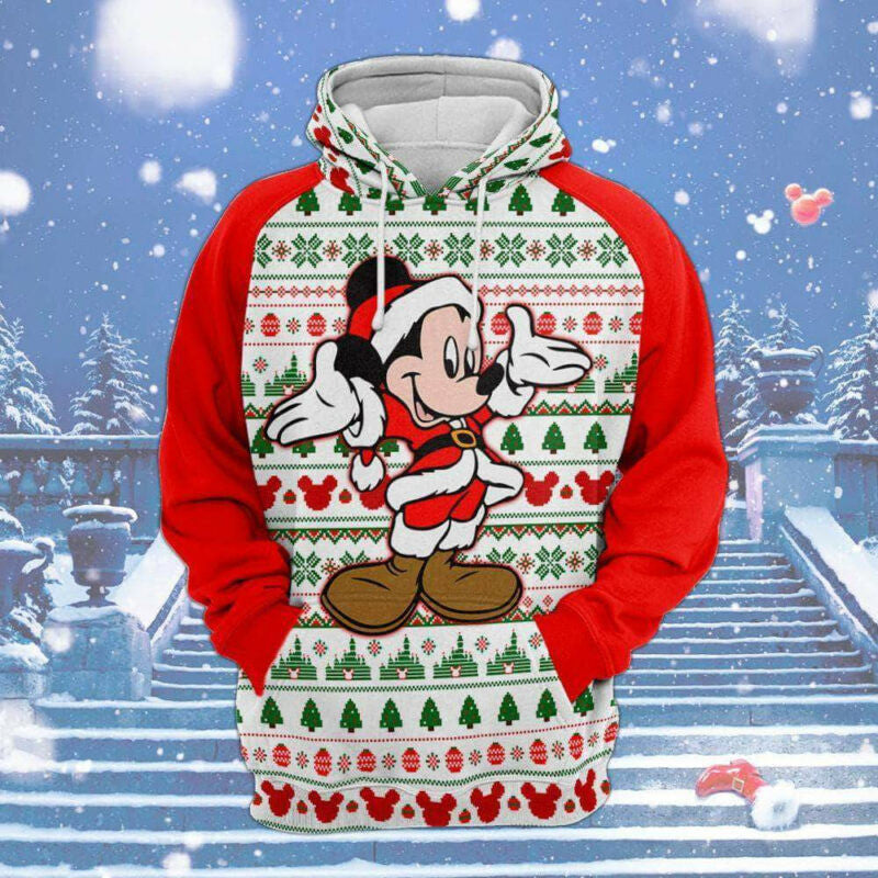 Mickey Mouse Santa Claus Christmas Pattern White Red 3d Hoodie Zip Hoodie