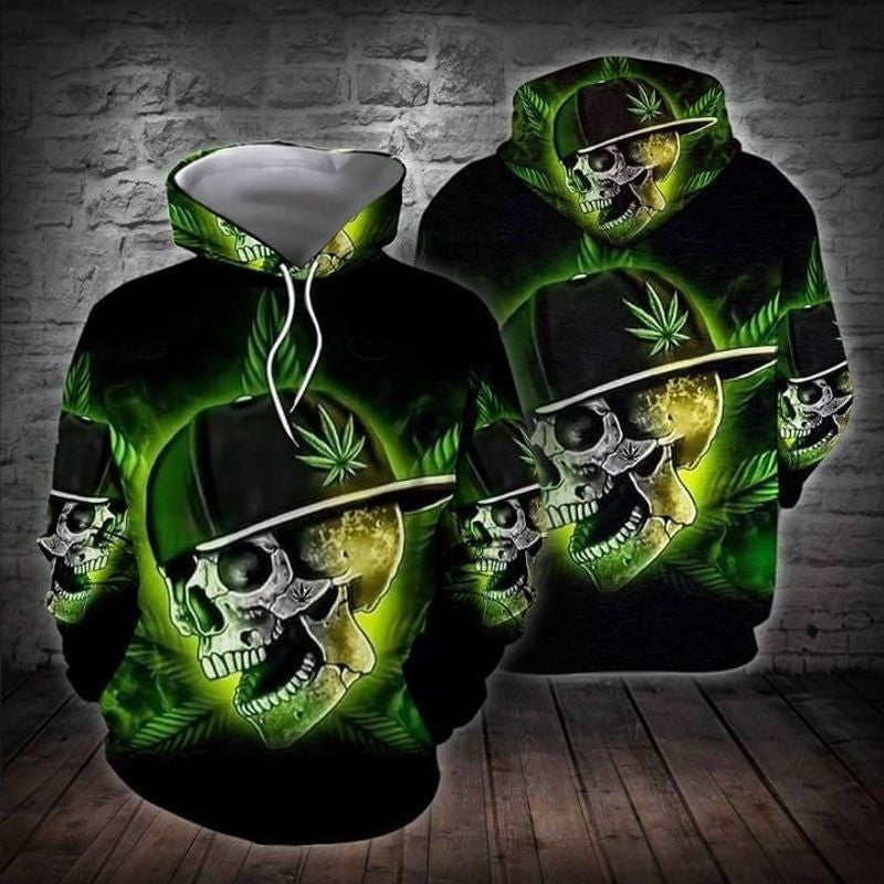 Marijuana Leaf Green Cool Skull Over Print 3d Hoodie Zip Hoodie