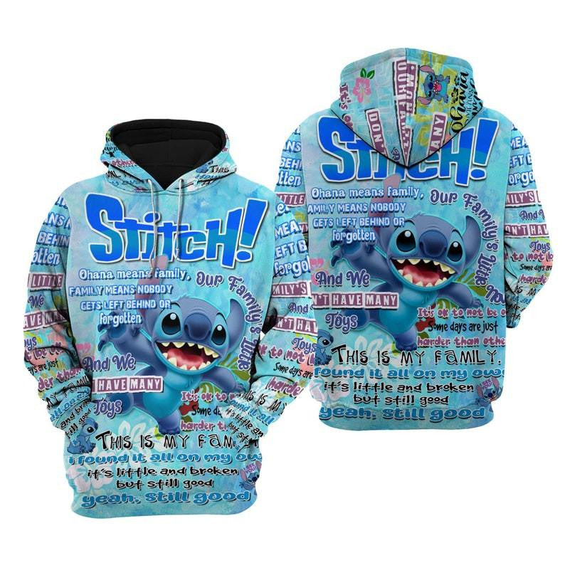 Lilo And Stitch Disney Cartoon, Disney Quotes, Stitch Ohana Punk Words Pattern All Over Print Hoodie, Zip Hoodie