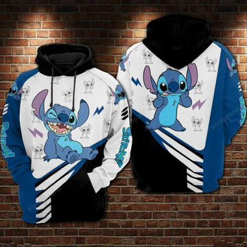 Disney Stitch Lightings Pattern Blue White 3d Hoodie Zip Hoodie