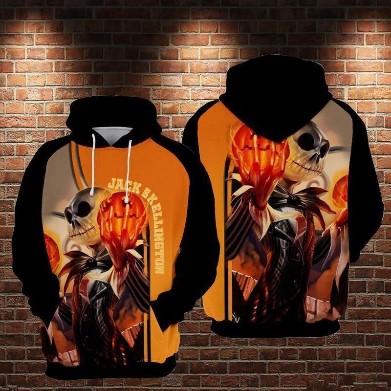 Jack Skellington Holding Pumpkin Halloween Theme Over Print 3d Hoodie Zip Hoodie 233