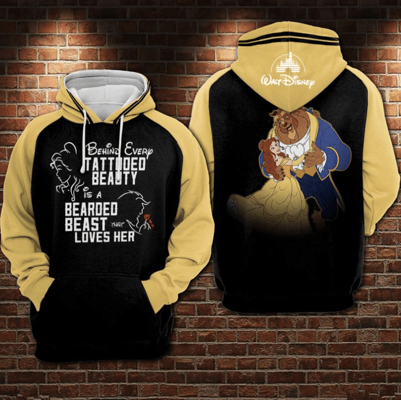 Beauty And The Beast Disney, Behind Every Tattooed Beauty Is A Beared Beast Loves Her All Over Print Hoodie