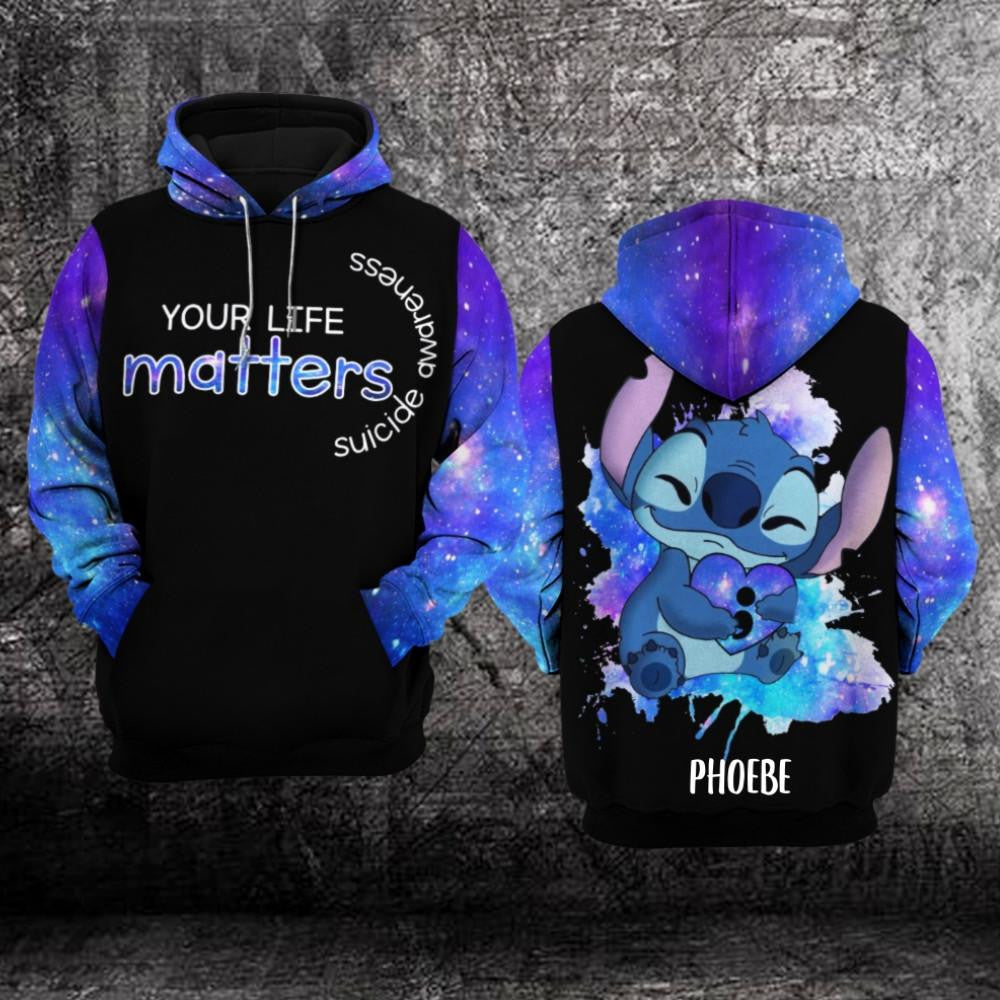 Personalized Suicide Awareness, Stitch Disney Suicide Awareness, Your Life Matters All Over Print Hoodie