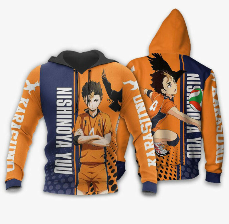 Haikyuu Hoodie Karasuno Nishinoya Yuu Playing Volleyball Orange Blue 3d Hoodie Zip Hoodie