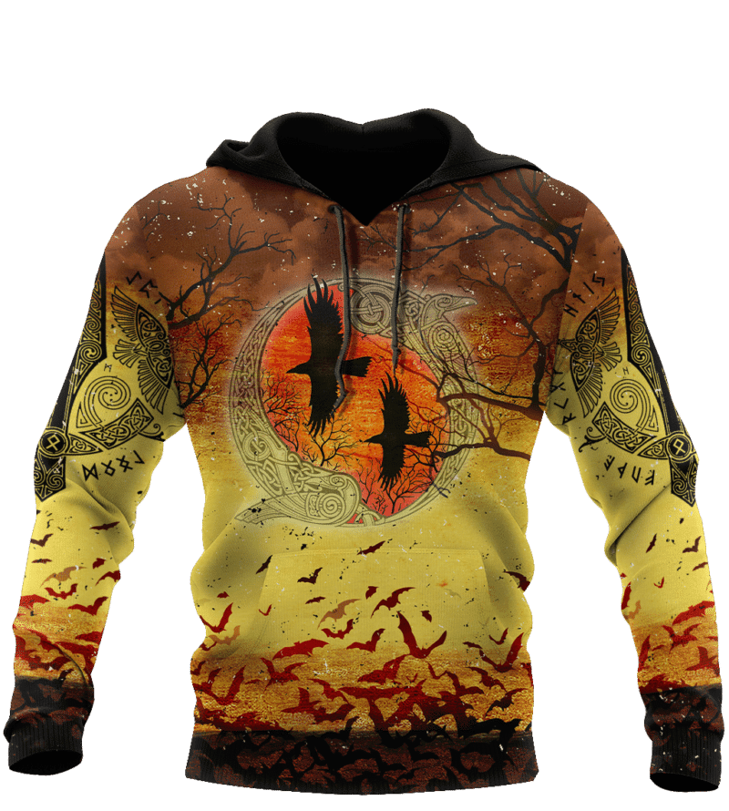 Halloween Hoodie Viking Hoodie Viking Halloween Night Ravens And Bats Yellow Orange 3d Hoodie Zip Hoodie