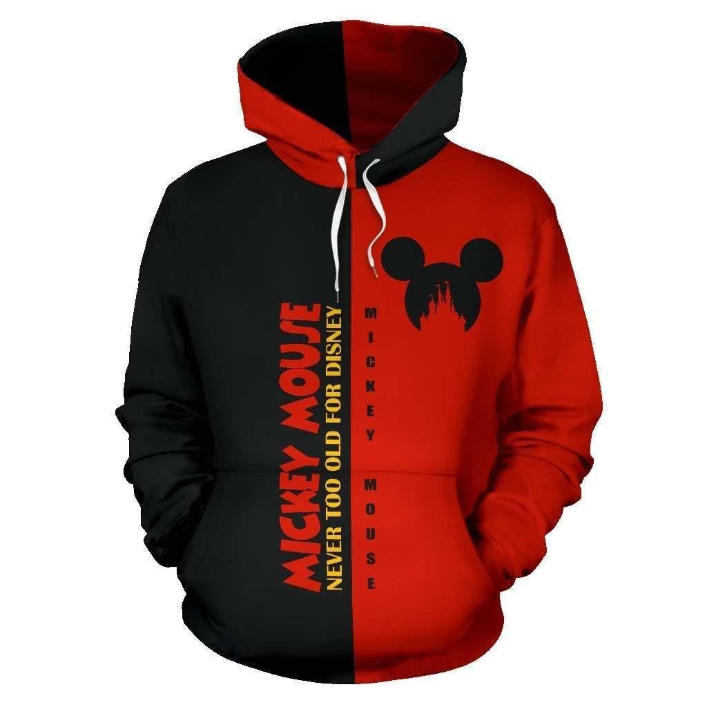 Mickey Mouse Disney, Mickey Never Too Old For Disney Black And Red Ver2 Aop Hoodie