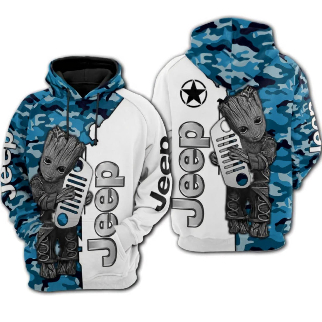 Baby Groot Marvel Comics, Groot Hug Jeep Camo Pattern All Over Print Hoodie