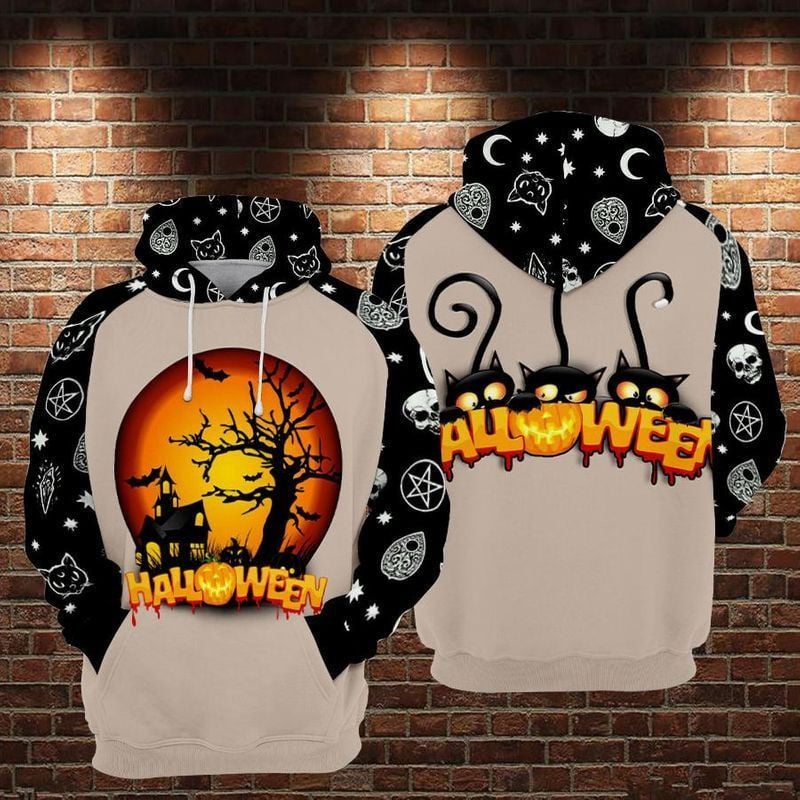 Doodle Halloween Cat Theme Over Print 3d Hoodie Zip Hoodie