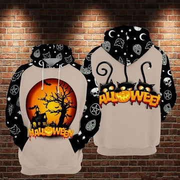 Doodle Halloween Cat Theme Over Print 3d Hoodie Zip Hoodie