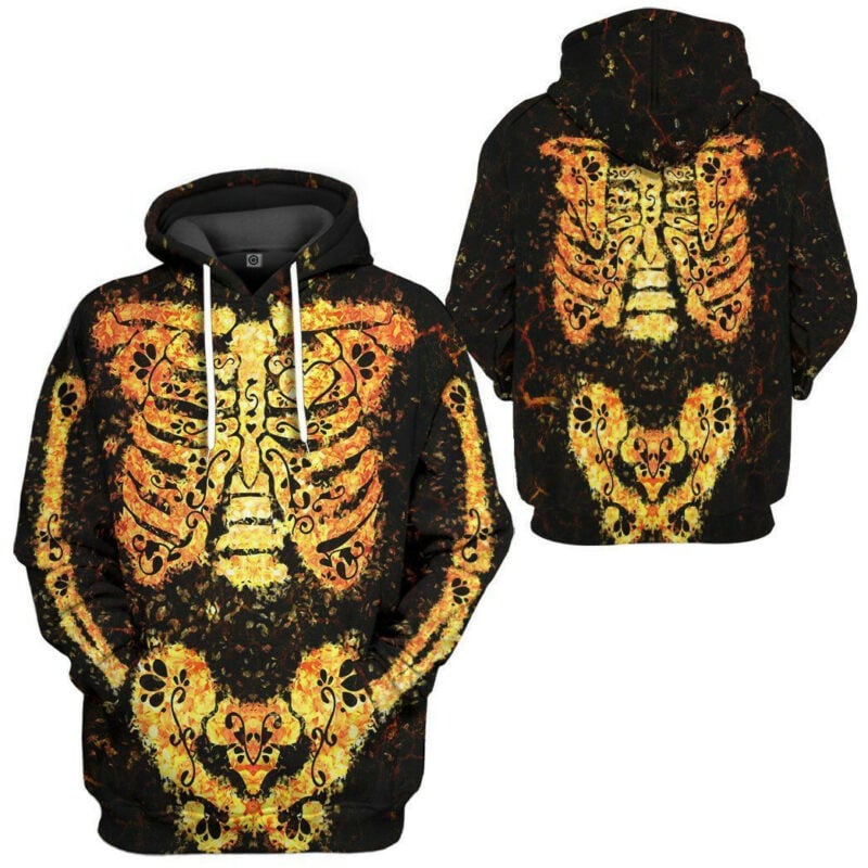 Halloween Flower Pattern Skeleton Golden Black 3d Hoodie Zip Hoodie