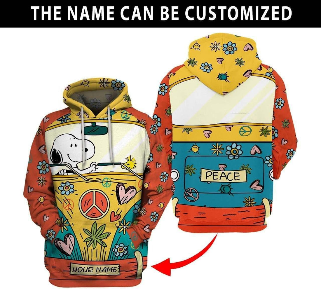 Customized Snoopy, Hippie Snoopy The Peanuts, Snoopy Peace And Love Aop Hoodie