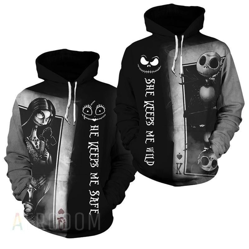 Jack &amp; Sally Couple He Keeps Me Safe, She Keeps Me Wild 3d Hoodie