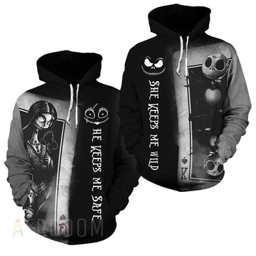 Jack &amp; Sally Couple He Keeps Me Safe, She Keeps Me Wild 3d Hoodie