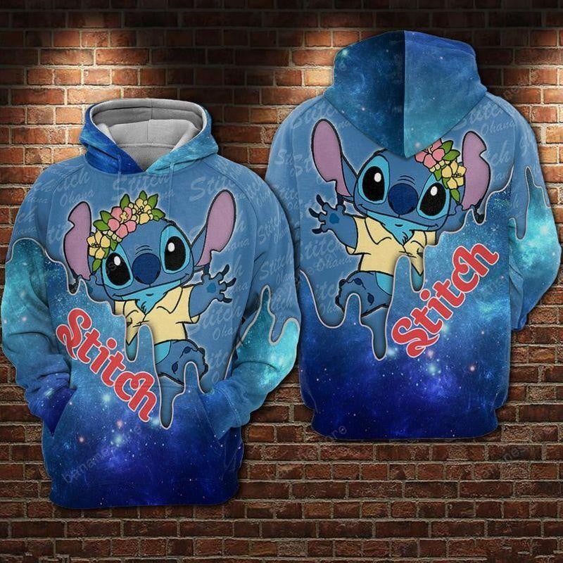 Disney Stitch Wearing Flower Wreath Galaxy Blue 3d Hoodie Zip Hoodie