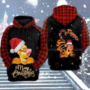 Disney Winnie The Pooh Hoodie Tigger Merry Christmas Black Red Plaid 3d Hoodie Zip Hoodie