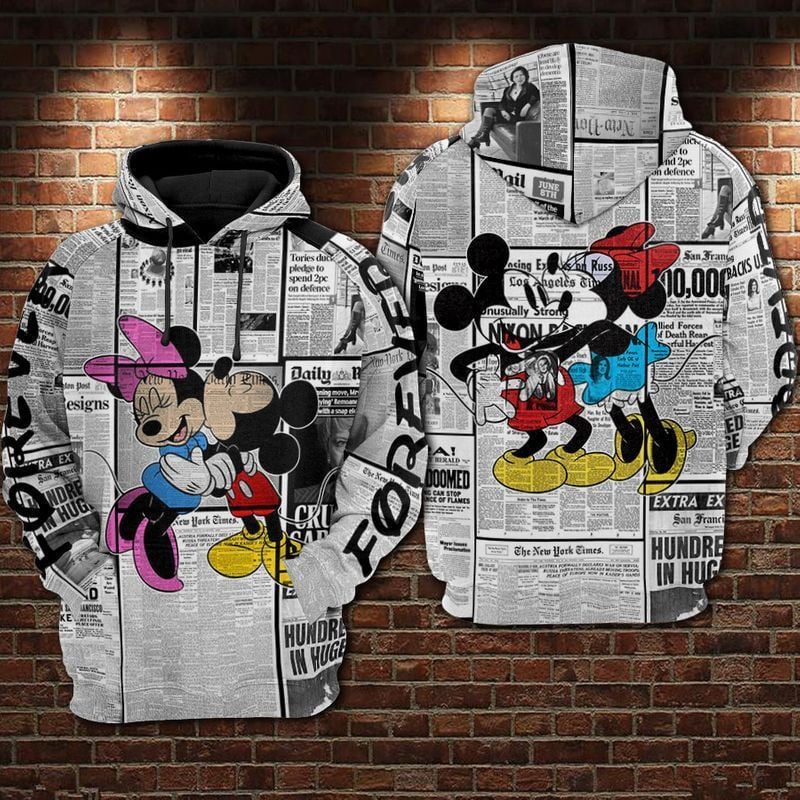 Newspaper Mickey And Minnie Over Print 3d Hoodie Zip Hoodie