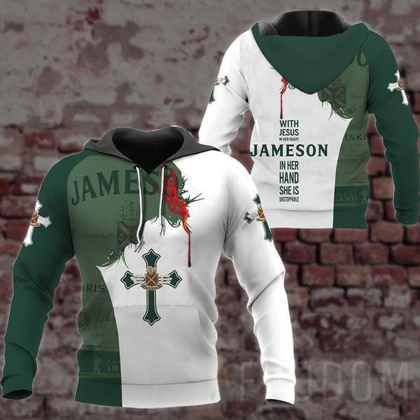 Jameson Lover Gift, With Jesus In Her Heart Jameson In Her Hand She Is Unstopable Aop Hoodie, Zip Hoodie 27