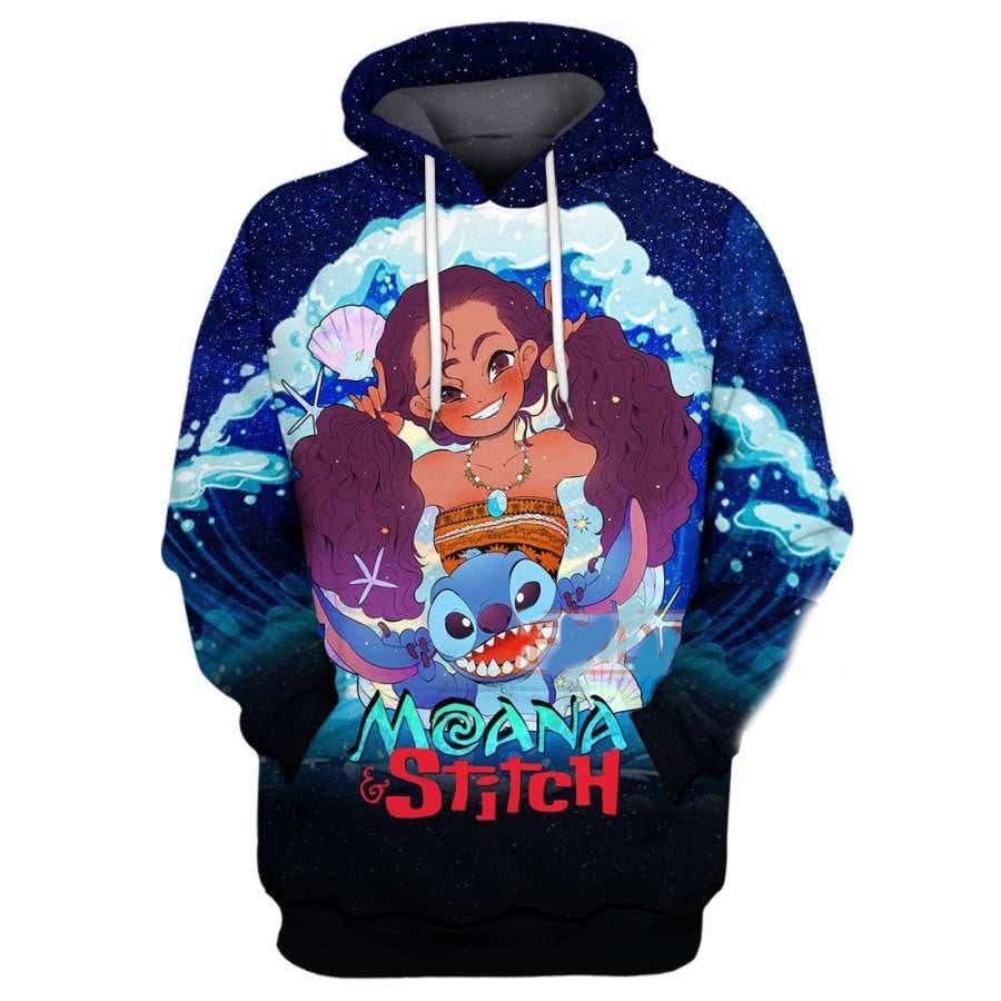 Disney Cartoon Characters Fan Gift, Stitch And Moana Princess All Over Print Hoodie