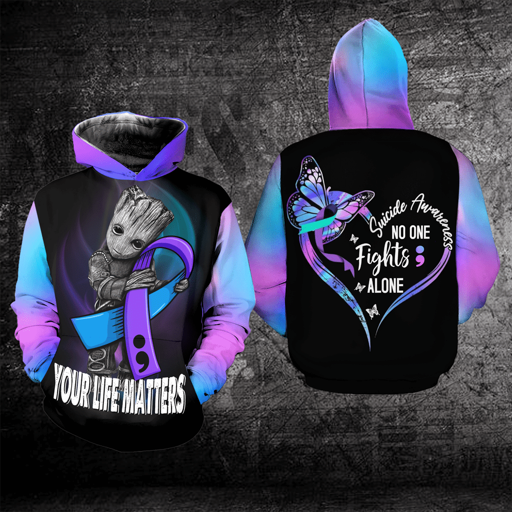 Groot Suicide Awareness, Your Life Matters, No One Fights Alone All Over Print Hoodie