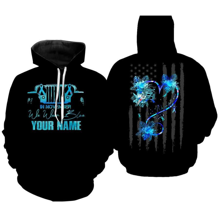 Custom Name Jeep Lover, No One Fights Alone, In November We Wear Blue All Over Print Hoodie, Zip Hoodie