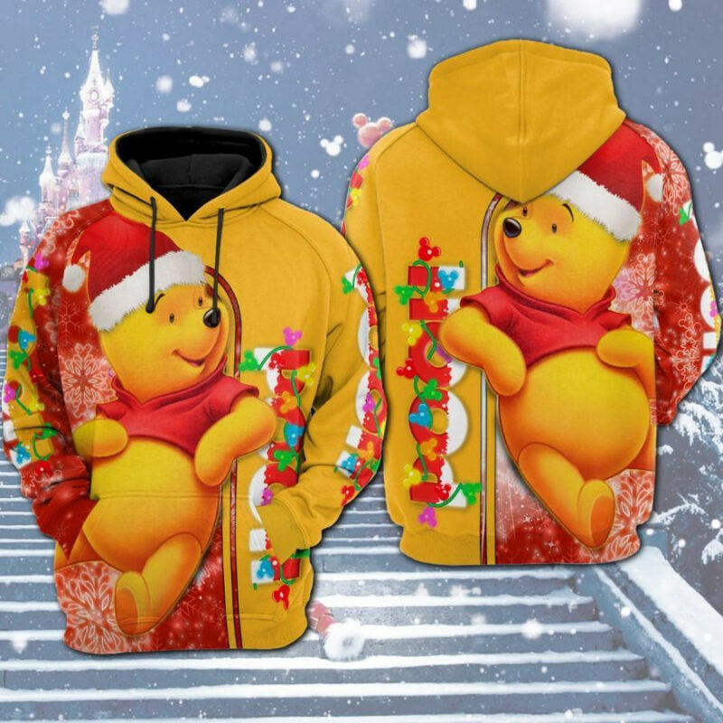 Disney Winnie The Pooh With Christmas Hat And Light Red Yellow 3d Hoodie Zip Hoodie