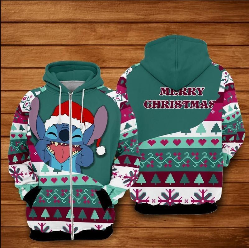 Stitch - Santa Hat With Blue Ugly Christmas Over Print 3d Hoodie Zip Hoodie