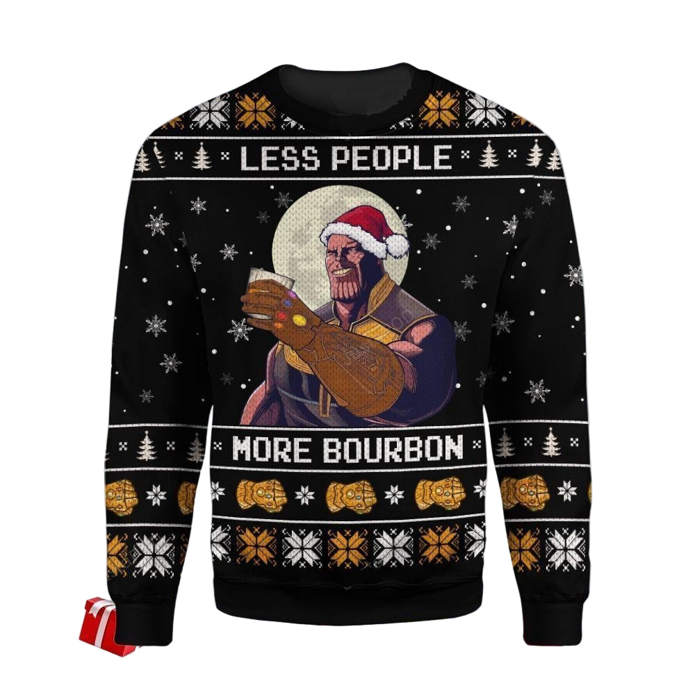 Thanos Less People More Bourbon Ugly Sweater, Thanos Christmas Sweater, Funny Thanos Gift, Thanos Less People More Bourbon Shirt